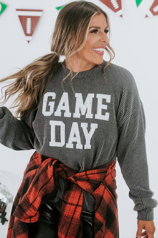Grey Corded GAME DAY Graphic Long Sleeve Top