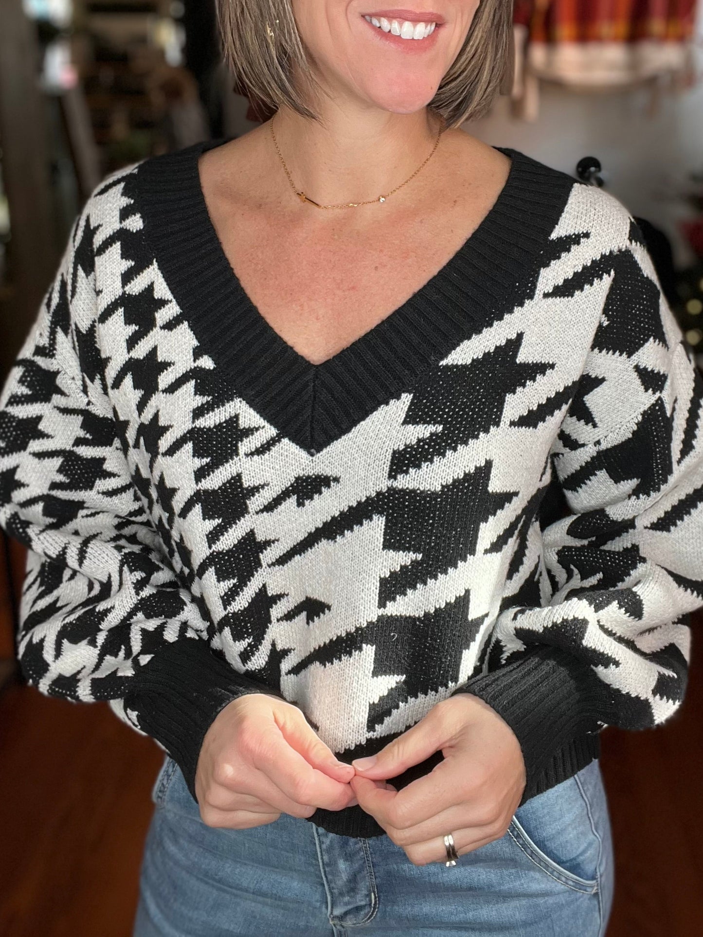 Black & White Cropped V-Neck Sweater