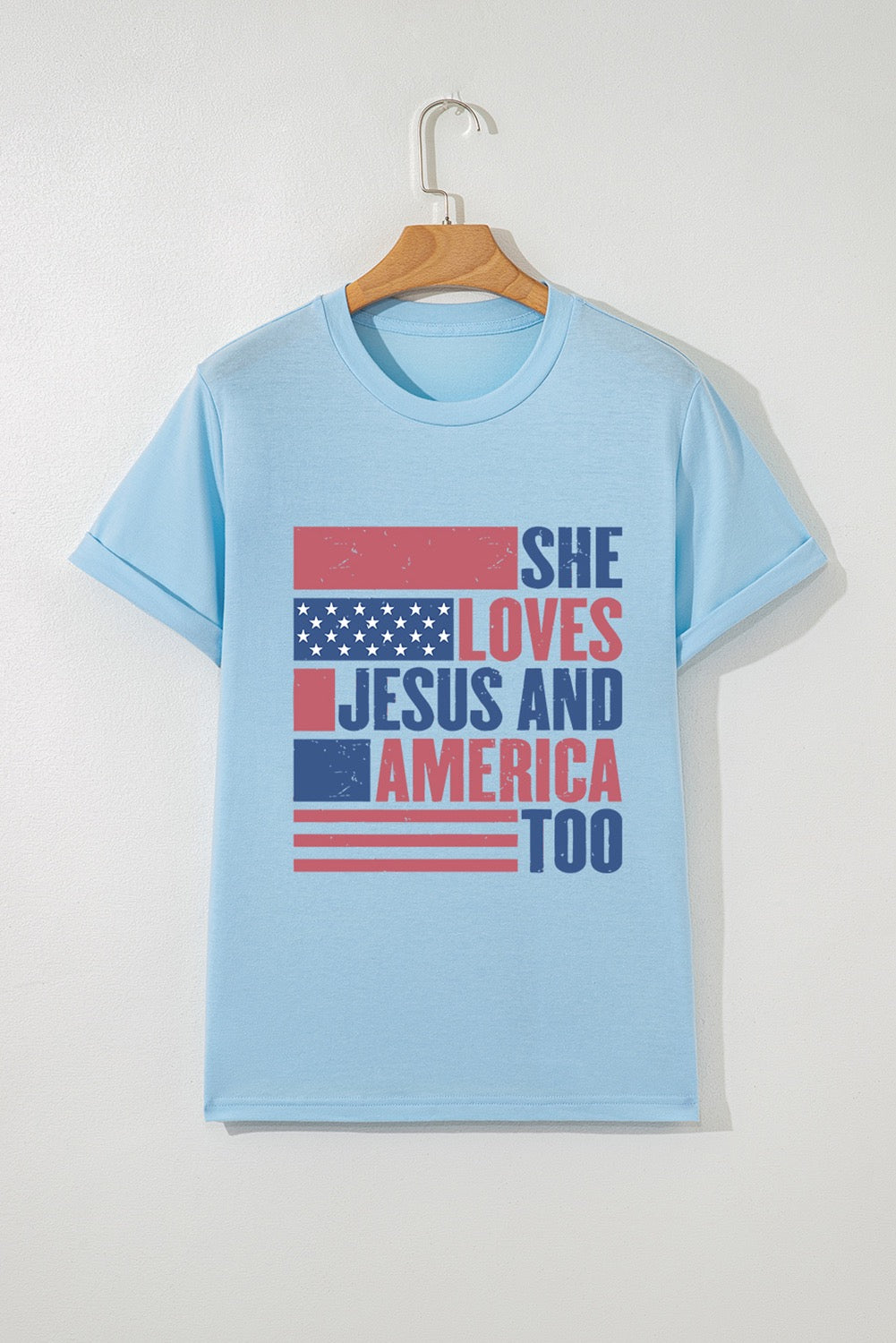Light Blue SHE LOVES JESUS AND AMERICA TOO Tee
