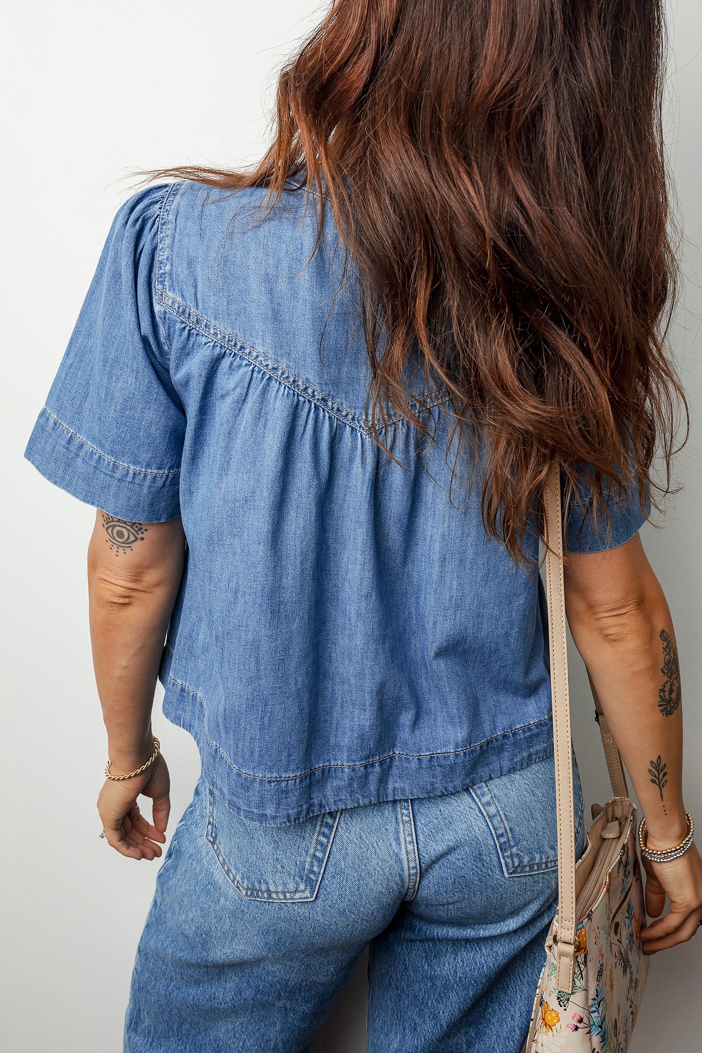 Denim Half Button Short Sleeve Top