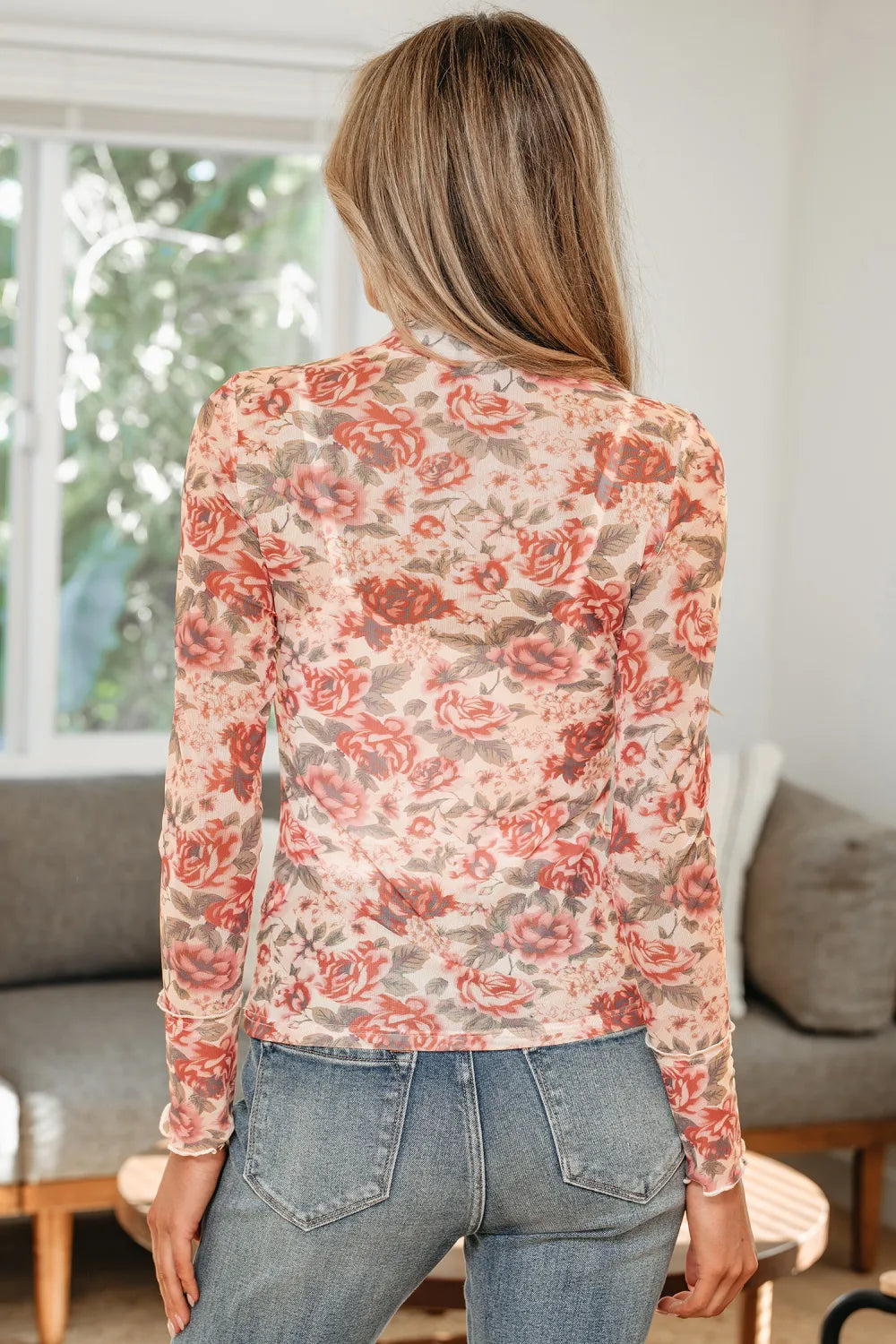 Floral Print Mock Neck Mesh Long Sleeve Top