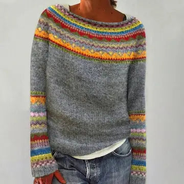 Gray sweater with multicolor Fair Isle pattern across the neckline and sleeves