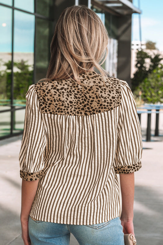 Brown Stripe Leopard Button Down Half Sleeve Shirt