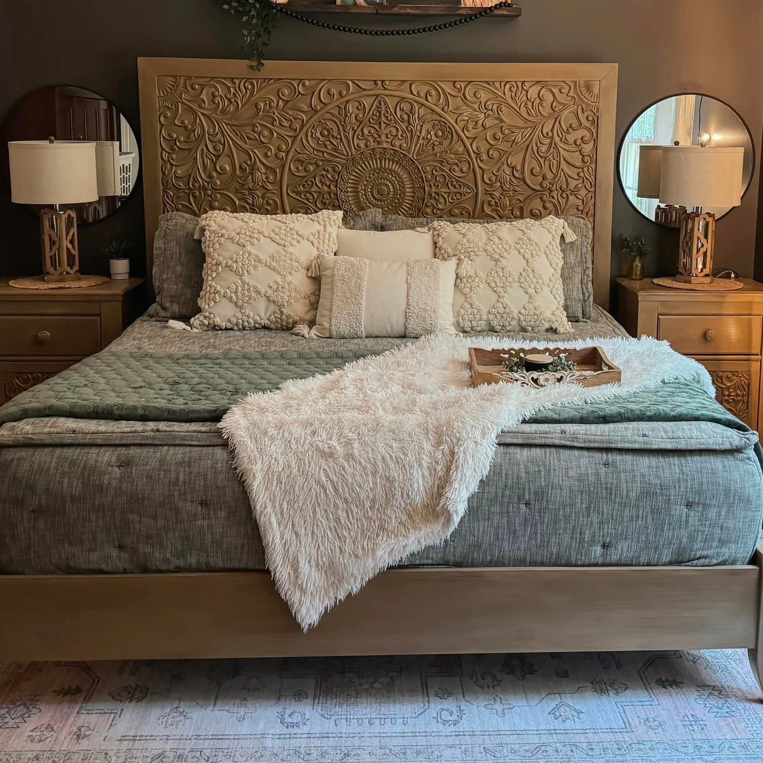 Large bed & nightstands painted with tan paint