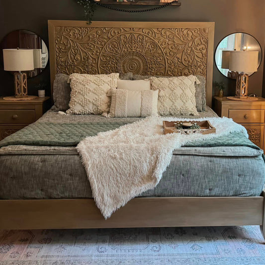 Large bed & nightstands painted with tan paint