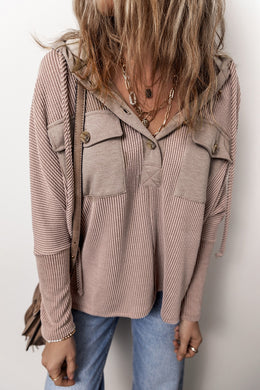 Brown Flap Pocket Patchwork Corded Drawstring Hoodie