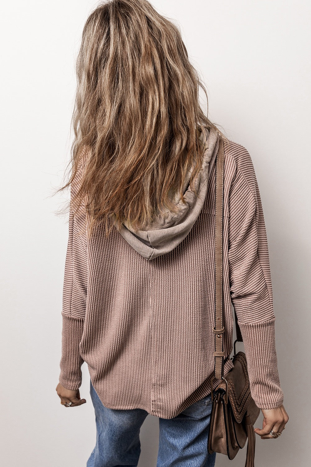 Brown Flap Pocket Patchwork Corded Drawstring Hoodie