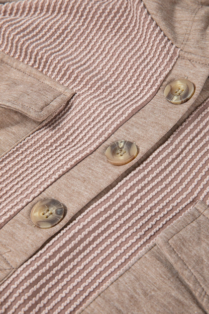 Brown Flap Pocket Patchwork Corded Drawstring Hoodie