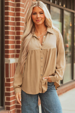Light French Beige Waffle Patchwork Button Shirt