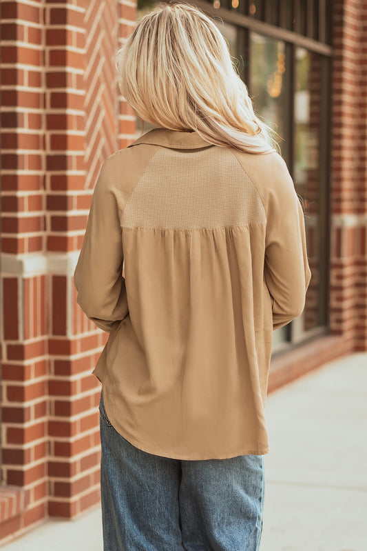 Light French Beige Waffle Patchwork Button Shirt