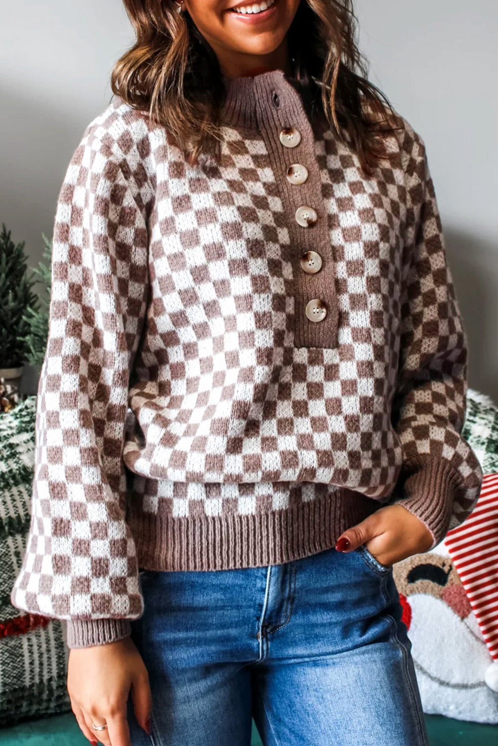 Checkered Creme and Brown Sweater