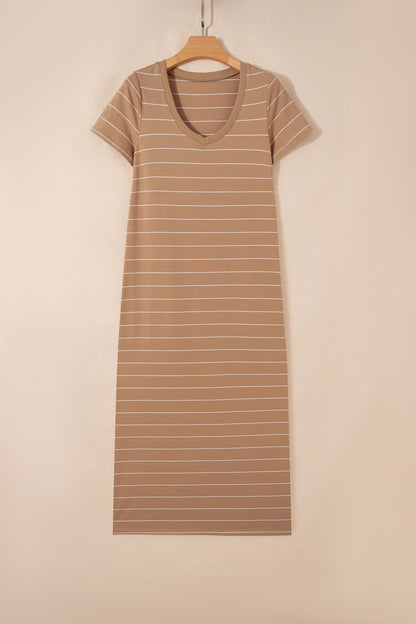 Khaki Striped Maxi T Shirt Dress