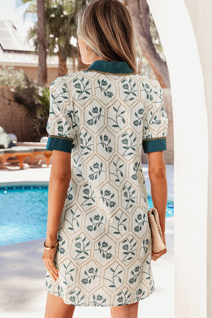 Blue Geometric Floral Print Lace Short Sleeve Mini Dress