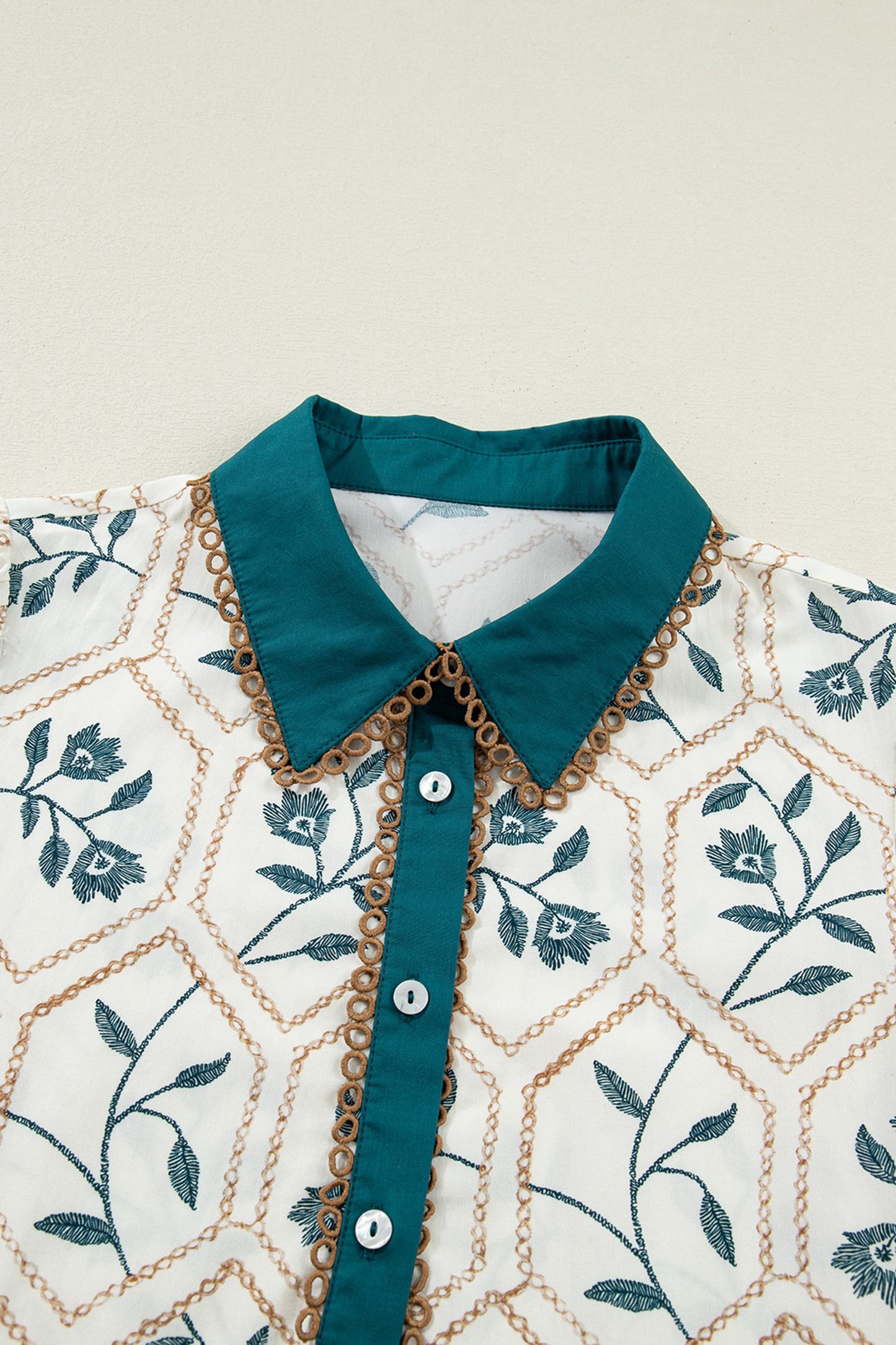 Blue Geometric Floral Print Lace Short Sleeve Mini Dress