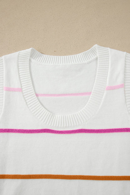 White Stripe Round Neck Knitted Sweater Tank