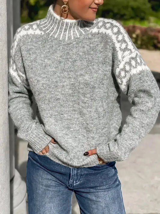 Gray Fair Isle mock neck sweater with cream pattern
