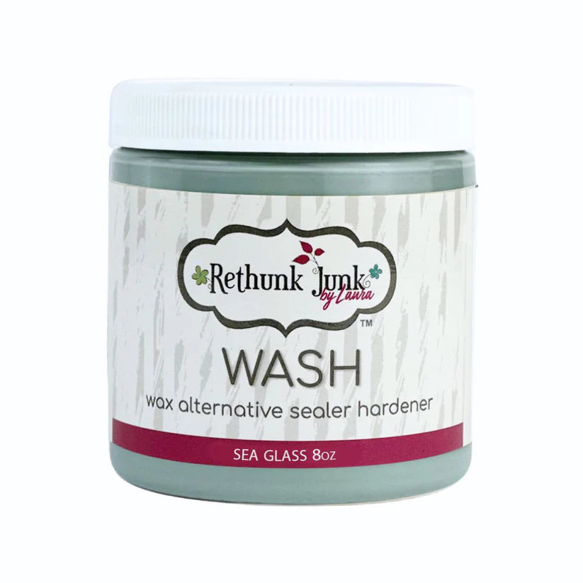 Jar of Rethunk Junk by Laura Wash wax alternative sealer hardener in Sea Glass color on a white background