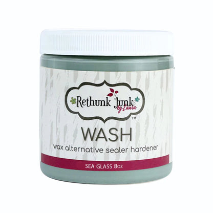 Jar of Rethunk Junk by Laura Wash wax alternative sealer hardener in Sea Glass color on a white background