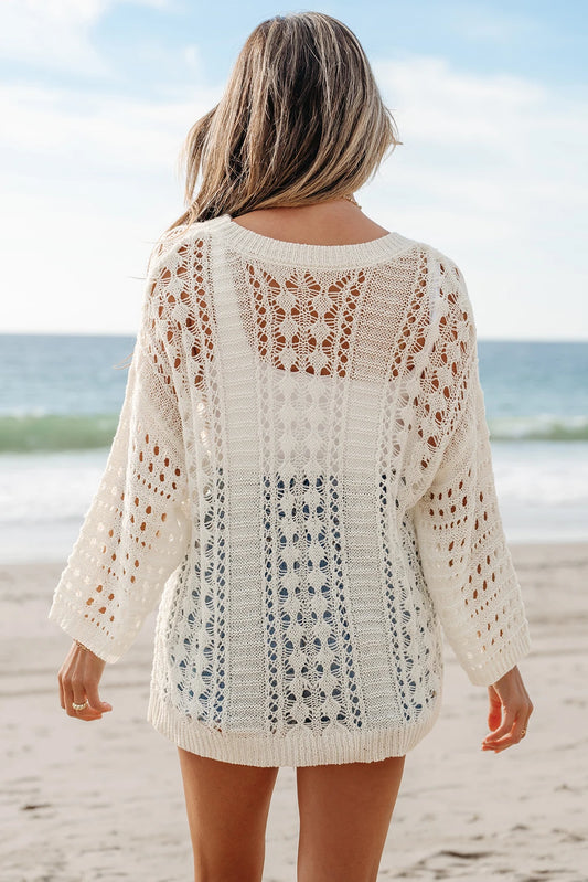 White Hollow Drop Shoulder Sweater
