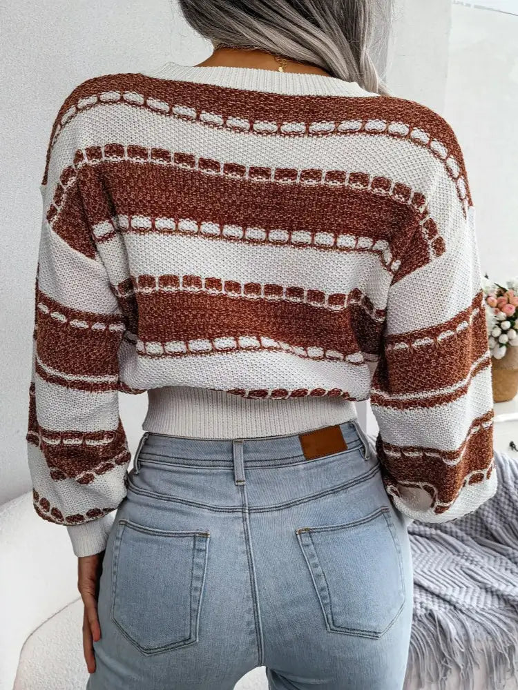 Cream and rust striped sweater, back view