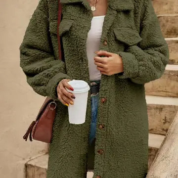 Olive green teddy-style coat with a button front and chest pockets