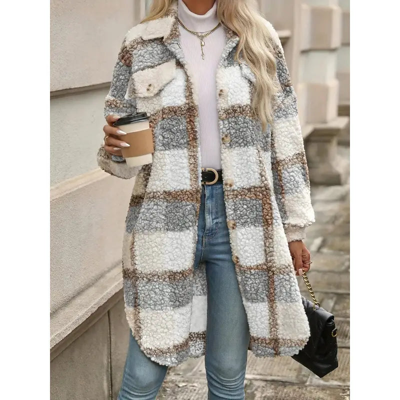 Longline cream, gray, and taupe plaid sherpa coat with a button front and flap pockets