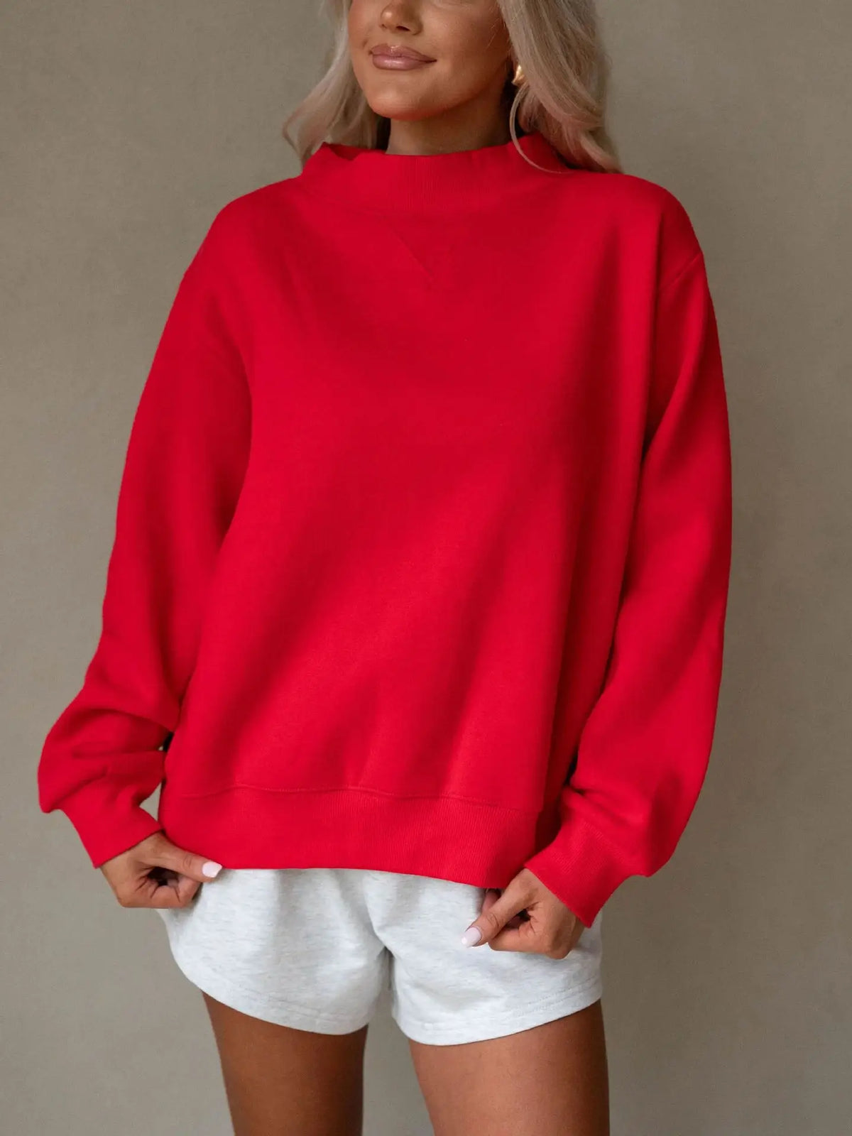 Red mock neck sweatshirt front view