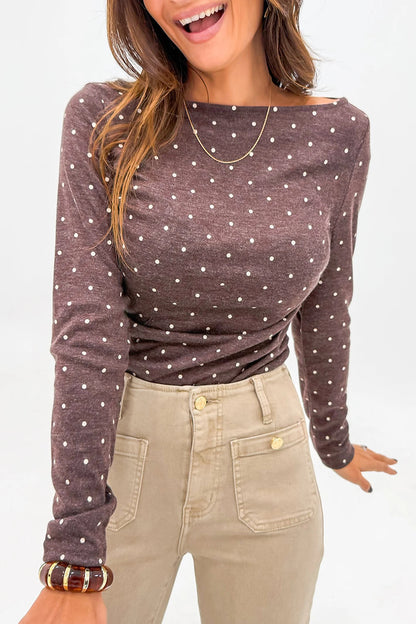 Dark Brown Polka Dot Boat Neck Long Sleeve Top