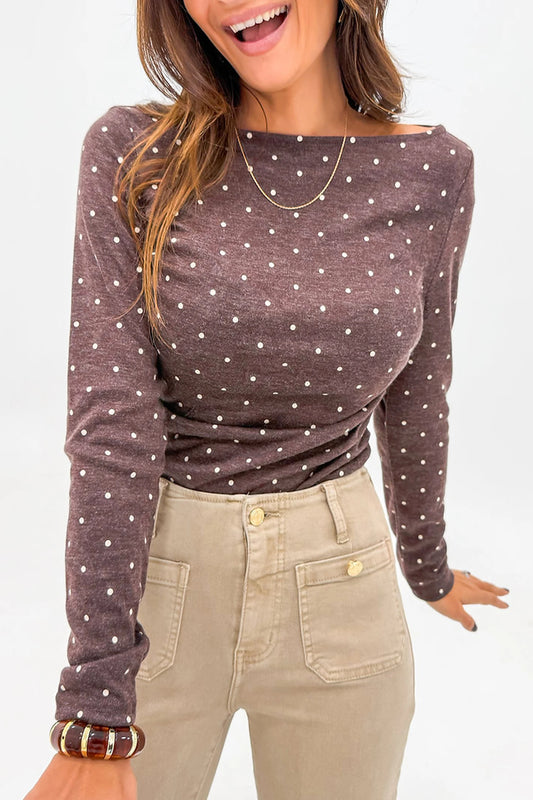 Dark Brown Polka Dot Boat Neck Long Sleeve Top